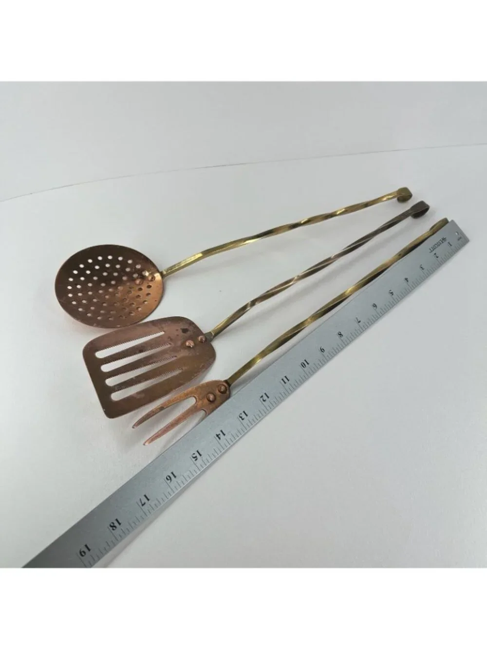 Vintage Copper Brass Kitchen Utensils Set of 3 Long Handle Spatula Fork Skimmer